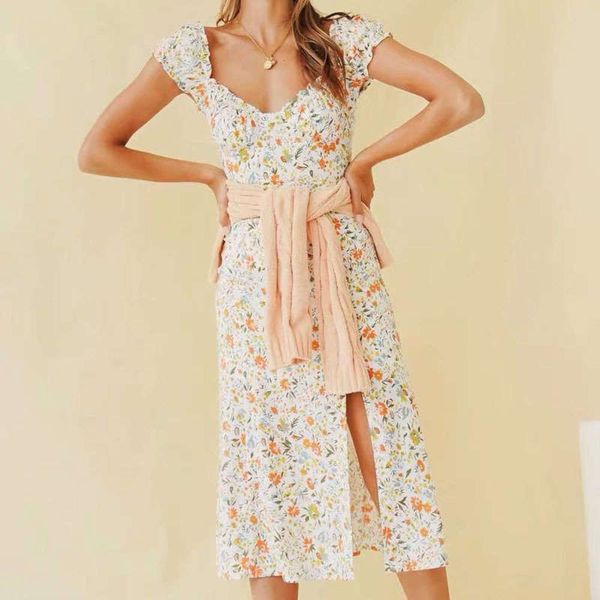 

fashion cut 2230-2020 print slim summer new split holiday dress, Black;gray