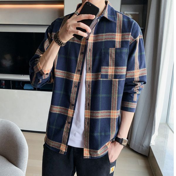 

2021 brand spring autumn long sleeves new flannel collar korea style shirt for men's plaid harajuku clothing kpf8, White;black
