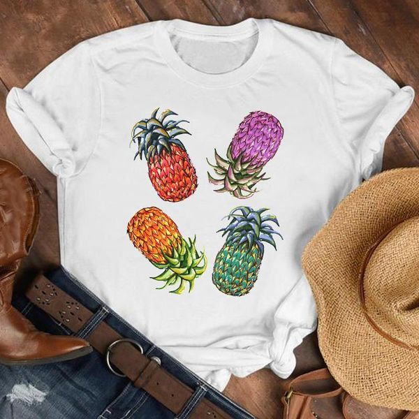 

women lady 90s cartoon pineapple printing fruit beach fashion shirt clothes tshirt tee womens female print t graphic t-shirt, White