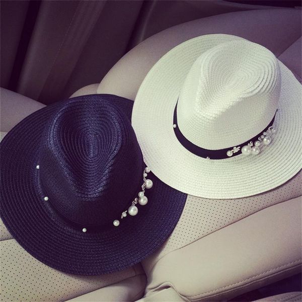 

pearl jewelry straw hats for women cowboy hats party beach sun hat foldable brimmed straw caps 2colors, Blue;gray