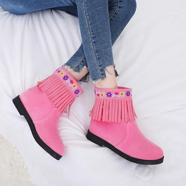 

pxelena 5 colors sweet ethnic girls tassel boots floral embroider slip on low heel fringe ankle boots 2020 autumn women shoes 431, Black
