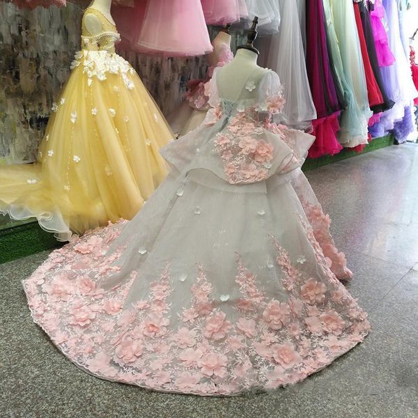 

real picture new flower girls dress baby girl clothes lace 3d flowers applique puffy tulle kids birthday gown custom made, White;blue