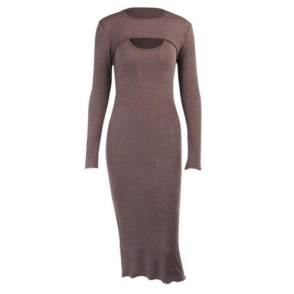 

casual dresses temperament knitted dress slim all-match autumn and winter bag hip female long-sleeved two-piece shawl, Black;gray