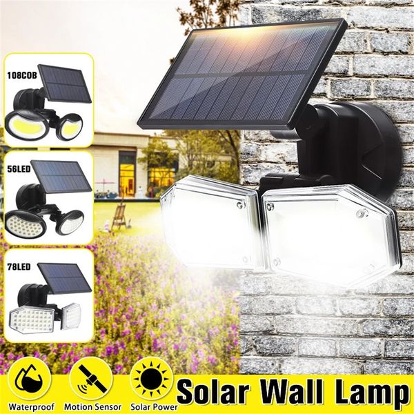 

56/78/108/130led solar power led double head motion sensor flood wall light waterproof outdoor indoor garden security solar lamp