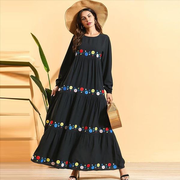 

siskakia colorful floral embroidery maxi dress ramadan 2020 muslim womens elegant swing pleated dress black loose full sleeve, Black;gray
