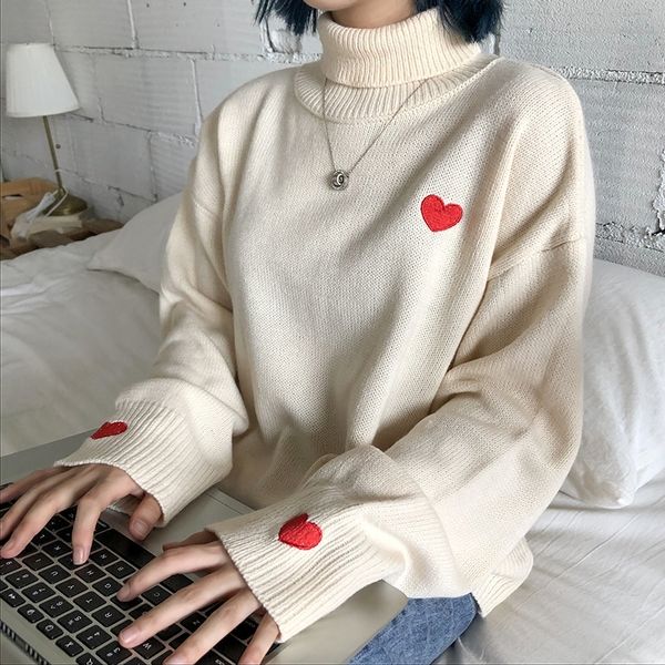 

korean sweet long sleeve turtleneck pullover harajuku fashion autumn winter sweater for female love embroidery sweater women y200720, White;black