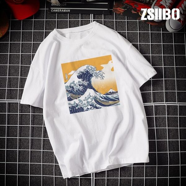 

cwwul zsiibo t-shirt summer 2019 new ukiyoe twilight wave print round neck t-shirt sleeve short women for nbsiy, White