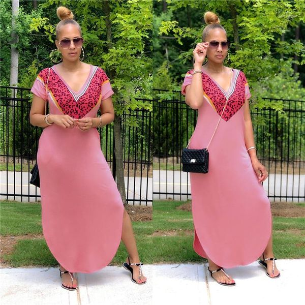 

short sleeve v-neck high waist dress designer female loose casual long skirt women slit dress fashion trend elegant outfits, Black;gray