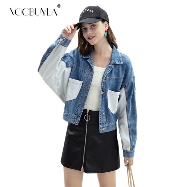 

voobuyla 2020 batwing sleeve jeans jacket women short denim jacket splice autumn female winter jackets for women female, Black;brown