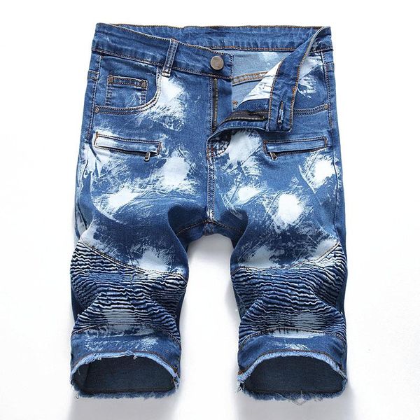 

men's jeans skinny biker zipper pleated slim short men scratch blue mid-rise stretch knee-length