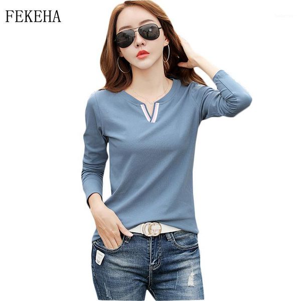 

t shirt women tee 2020 new autumn 95% cotton long sleeve v neck female t-shirt white casual basic classic clothes1