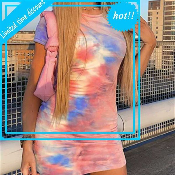 

hi women tie dye bodycon mini casual female round throat short mouw sheet dress outfits skinny potlood party ovestidos, Black