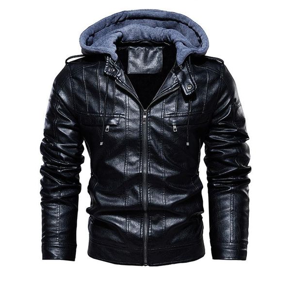 

2020 men vintage motorcycle jacket mens outdoor casual pu leather jacket man winter coat hooded collar club bomber jackets, Black