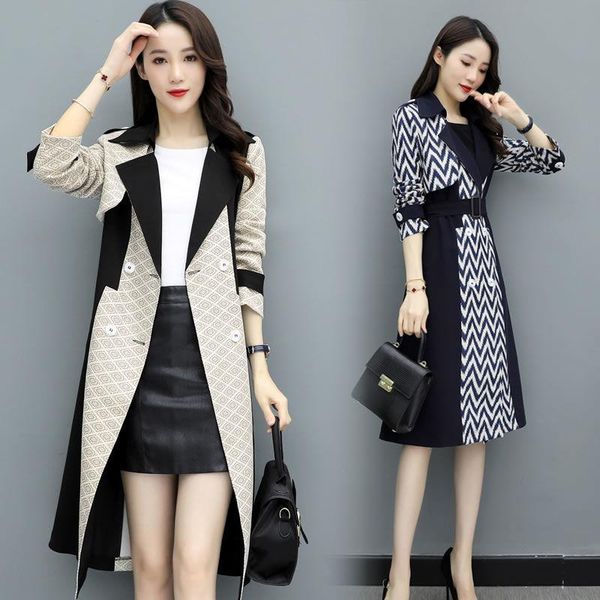 

2021 new product jacket women's mid-length spring and autumn tie-waist contrast color windbreaker mid-length women, Black