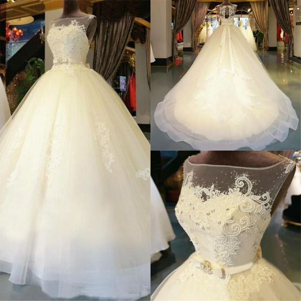 

custom made organza appliques floor -length ball gown illusion wedding dresses chapel train zipper beaded crystal bridal gowns l158, White