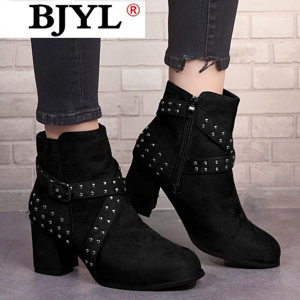 

boots 2021 ankle women's square heel pointed shoes buckle rivets short winter side pull zapatos de mujer1, Black