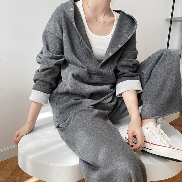 

yeeloca autumn winter sports two-piece suit khaki gray black hooded sweatershirt + casual elastic waist sweatpants sports suit c1103