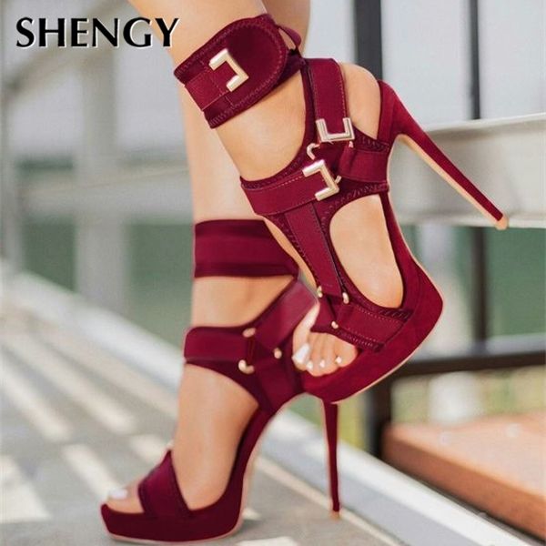 

2020 women platform sandals open toe cut out high heels shoes hook-and-loop ankle strap stiletto shoes buckle decor sandals, Black