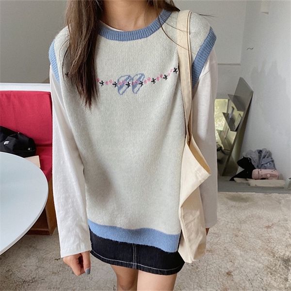 

2020 autumn preppy style o neck round floral color patchwork knitted sleeveless vest sweaters pullovers womens (f1449) c1015, White;black