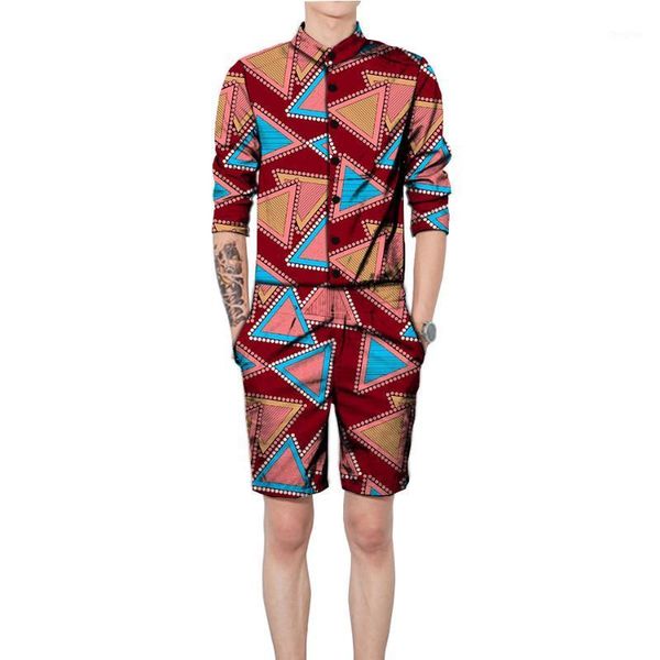 

african print men set dashiki fashion with shorts 2 pieces stand collar shirt+short casual half sleeve shirts1, Gray