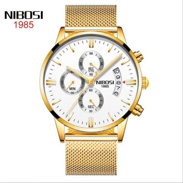 

20 style nibosi butterfly button solid gold band white dail men's watch waterproof coated glass luminous three-eye 6-pin quartz watch, Slivery;brown