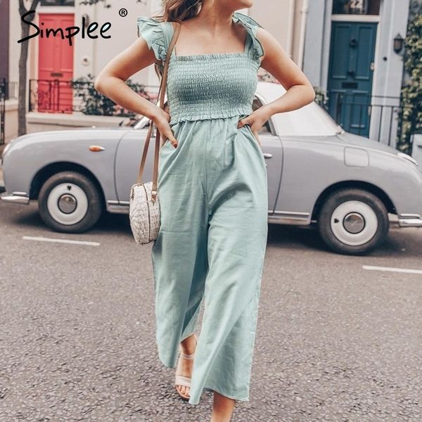 

simplee elegant ruffle pleated women jumpsuit casual straps female wide leg jumpsuits romper spring summer ladies overalls y200425, Black;white