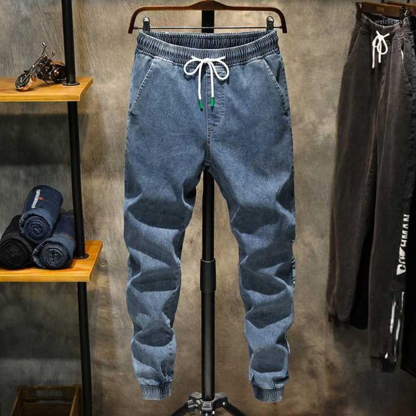 

hcxy mens jeans autumn fashion personalized letter print jeans for men casual beamed ankle-length denim trousers male1, Blue