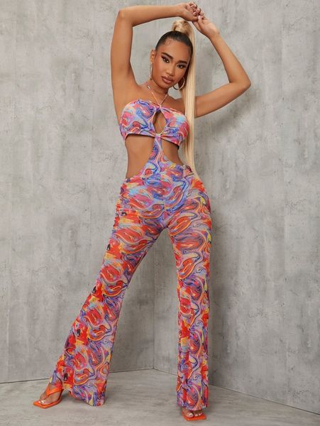 

sxy marble print cut out waist halter neck jumpsuit p5o8#, White