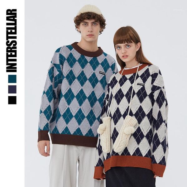 

patchwork plaid knitted jumpers vintage sweaters streetwear harajuku casual pullover knitwear men male fashion 1, White;black