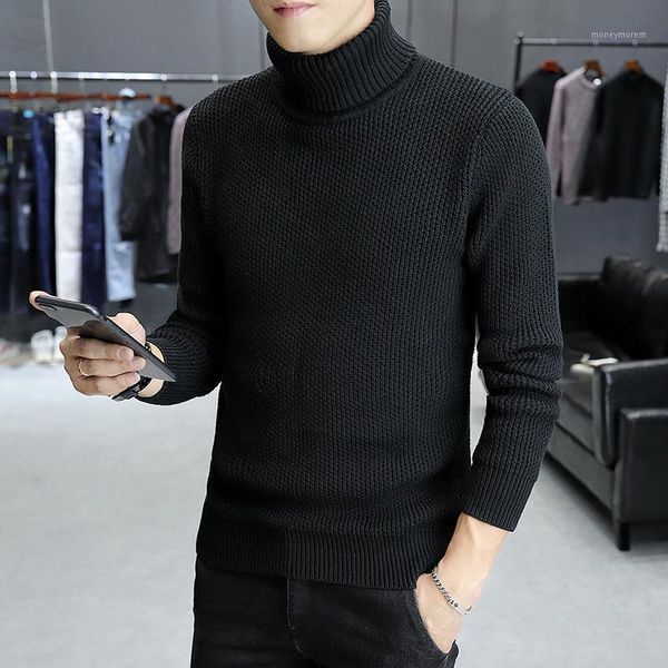 

men's sweaters winter thick warm high-neck sweater 2021 men's knit solid color versatile long-sleeved clothes bottoming shirt1, White;black