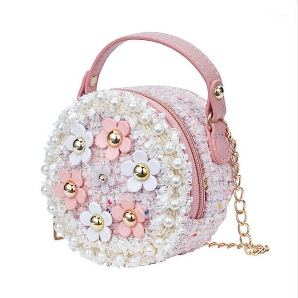 

2019 pearl flower chain pu shoulder bags messenger bag girls crossbody bag kids small round satchel handbags children gift1