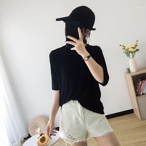 

summer curled ice silk sweater t-shirts women round neck solid color wild han fan five-point sleeve t-shirts women's clothing1, White