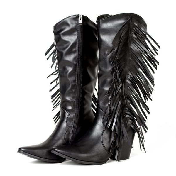 

boots karin brand design fashion shoes women vintage western fringe pointed toe chunky heels autumn short plush, Black