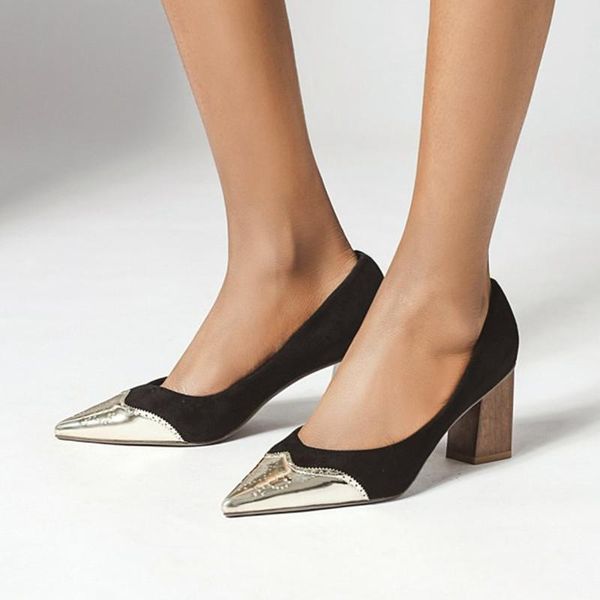 

dress shoes slip on pointed toe women high heels office thick heel ladies casual pumps large size 34-43, Black