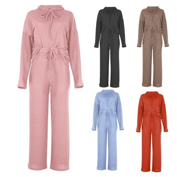 

women autumn ribbed knit 2 pieces outfits long sleeve drawstring hoodie sweatshirt wide leg loose pants solid color pajamas1, Gray