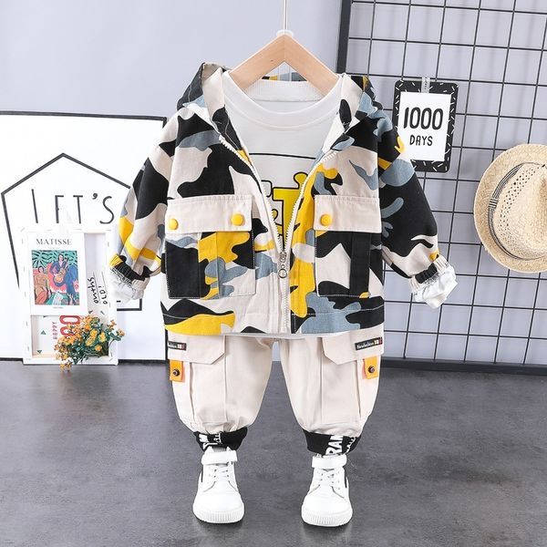 

boy hooded camo clothes zip coat tshirt trousers fashion 3pcs casual jacket baby new kids outfits1 2 3 4 years lj200831, White