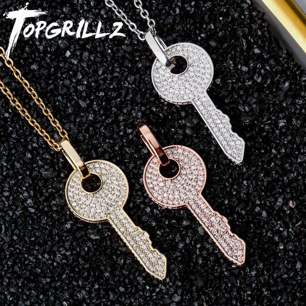 

rillz hip hop bling key pendant iced out bling cubic zircon necklace for men jewelry charm 201014, Silver