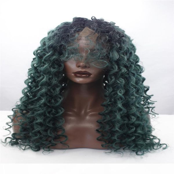 

lace front wig mixed dark green silky straight synthetic lace front wigs natural green wig with black roots heat resistant fiber hair kabell, Black;brown