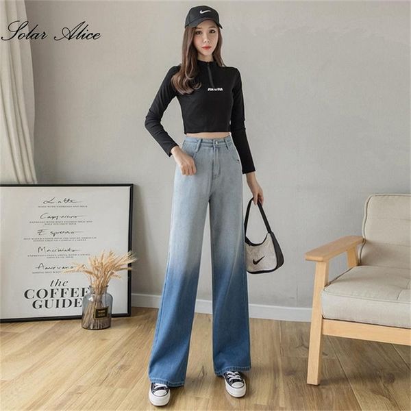 

women's jeans 2021 fall/winter gradient color thinning and high straight loose waist wide leg pants, Blue