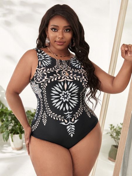 

plus plant print one piece swimsuit m5jk#, Black