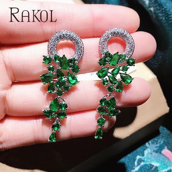 

rakol vintage flower shape +cubic zircon luxury micro paved crystal round wedding dangle earrings for bridal women, Silver