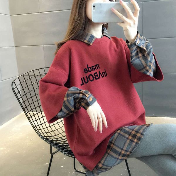 

2sf4bmid length shirt collar sweater women's clothing 2020 new stitching fake two autumn and winter thickened foreign style loose korea, Black