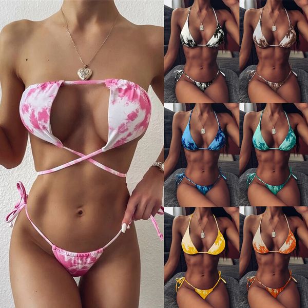 

2021 women swimwear female women's tie-dye lace up high cut leg halter bikini set two piece swimsuit, White;black