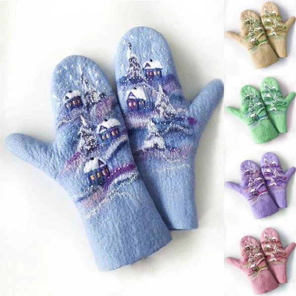 

five fingers gloves ladies christmas fashion printed outside 1pair women casual plush print size guantes invierno mujer, Blue;gray