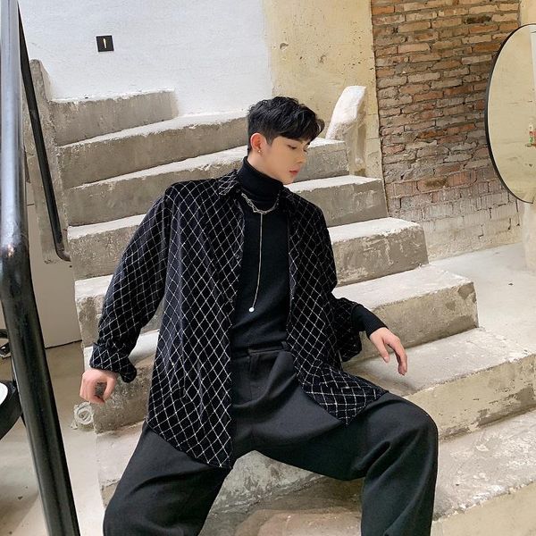 

men's casual shirts men velvet shining plaid loose long sleeve shirt male women streetwear fashion hip hop style coat, White;black