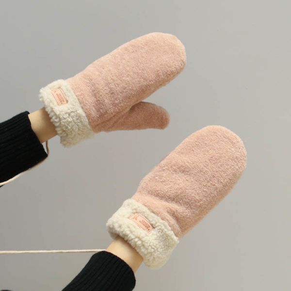 

korean version of autumn and winter warm plush thickened hanging neck with rope student gloves cute girl riding cold, Blue;gray