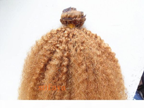 

brazilian human virgin remy clip ins hair extensions dark blonde hair weft human bomb kinky curly hair extensions double drawn thick weft, Black;brown