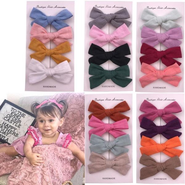 

set of 4 pcs pig tail bow clips 3-inch cotton hair bow baby girls shower gifts piggy hair clips barrettes fabric accessories, Slivery;white
