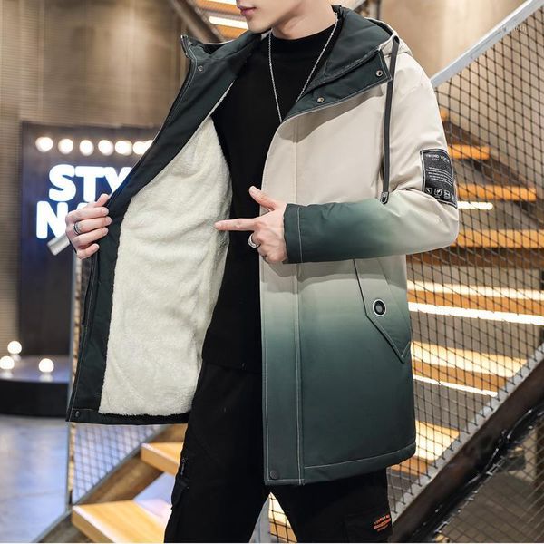 

men jackets winter men's gradient trench coat casual thick warm hooded jacket male velvet overcoat windbreaker outerwear1, Tan;black