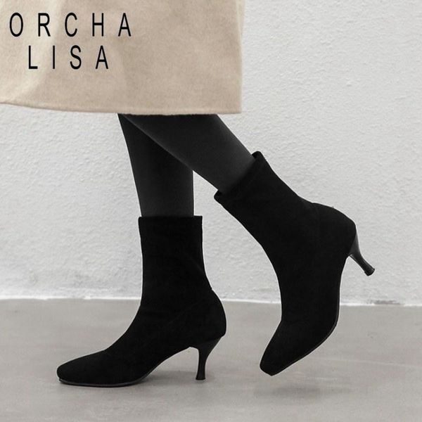 

boots orcha lisa woman ankle black kitten heel slip on stretch thin high heels spring autumn booties lady shoes